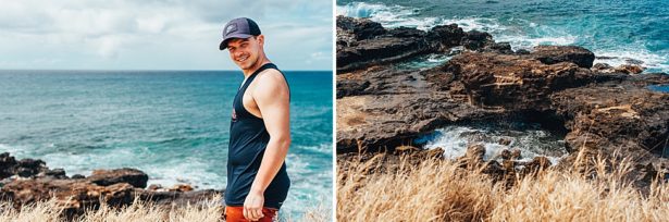 left, John standing in tall grass with the rocks and waves rolling in on the coastline of Kauai Hawaii, right is scenery of the rocks along the coastline