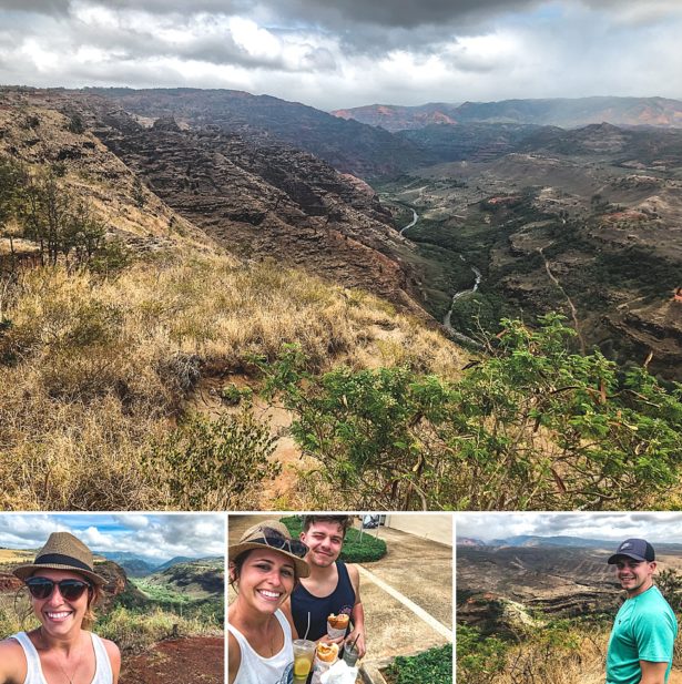 Top, scenery we came across on our drive overlooking a valley, bottom a selfie of Brittany with the scene in the background, middle John and Brittany enjoying our first Puka Dogs of the trip, right a picture of John with the scenery in the background